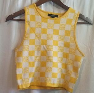 Forever 21 Medium Yellow White Checker Crop Sweater Tank Retro 80s 70s Baddie